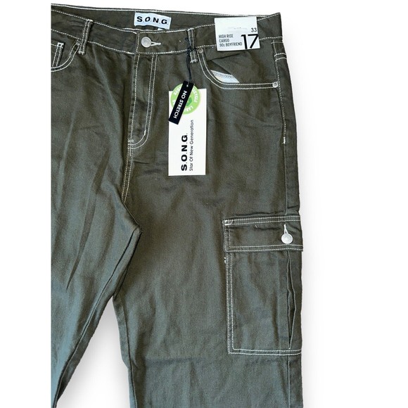 High Rise Cargo 90s Boyfriend Slouchy Baggy Jeans Wide Leg Army Green Size 17/33 - Picture 3 of 16